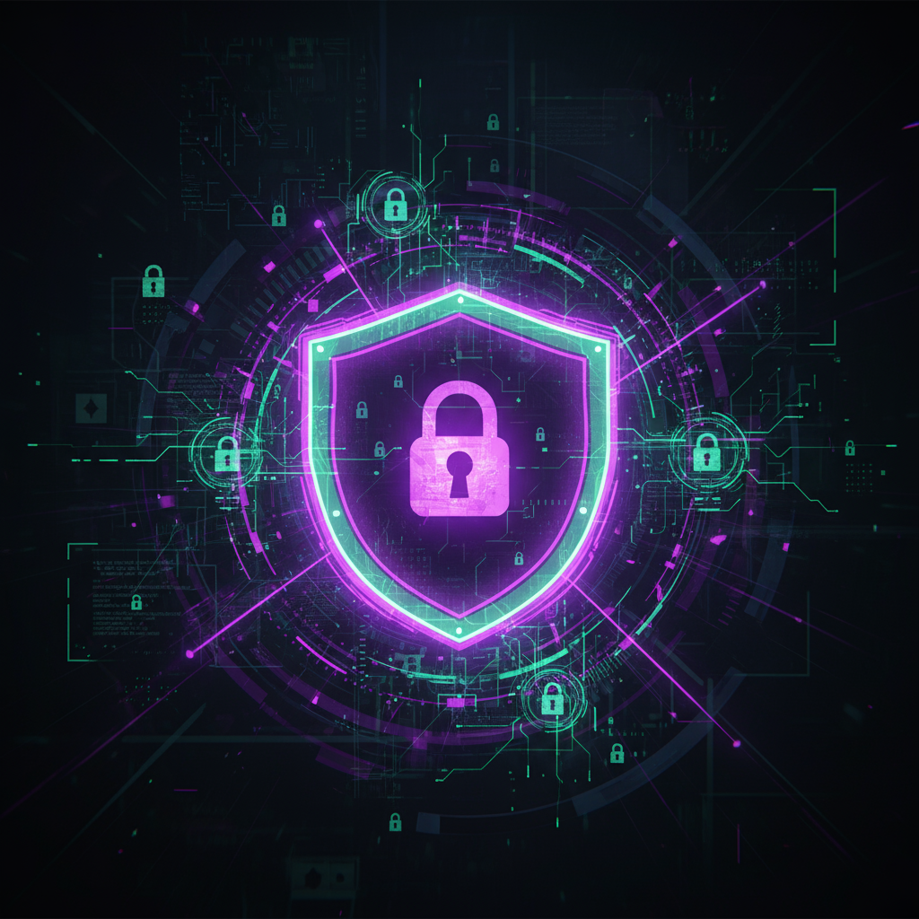 Security shield illustration with glowing neon locks and circuit patterns