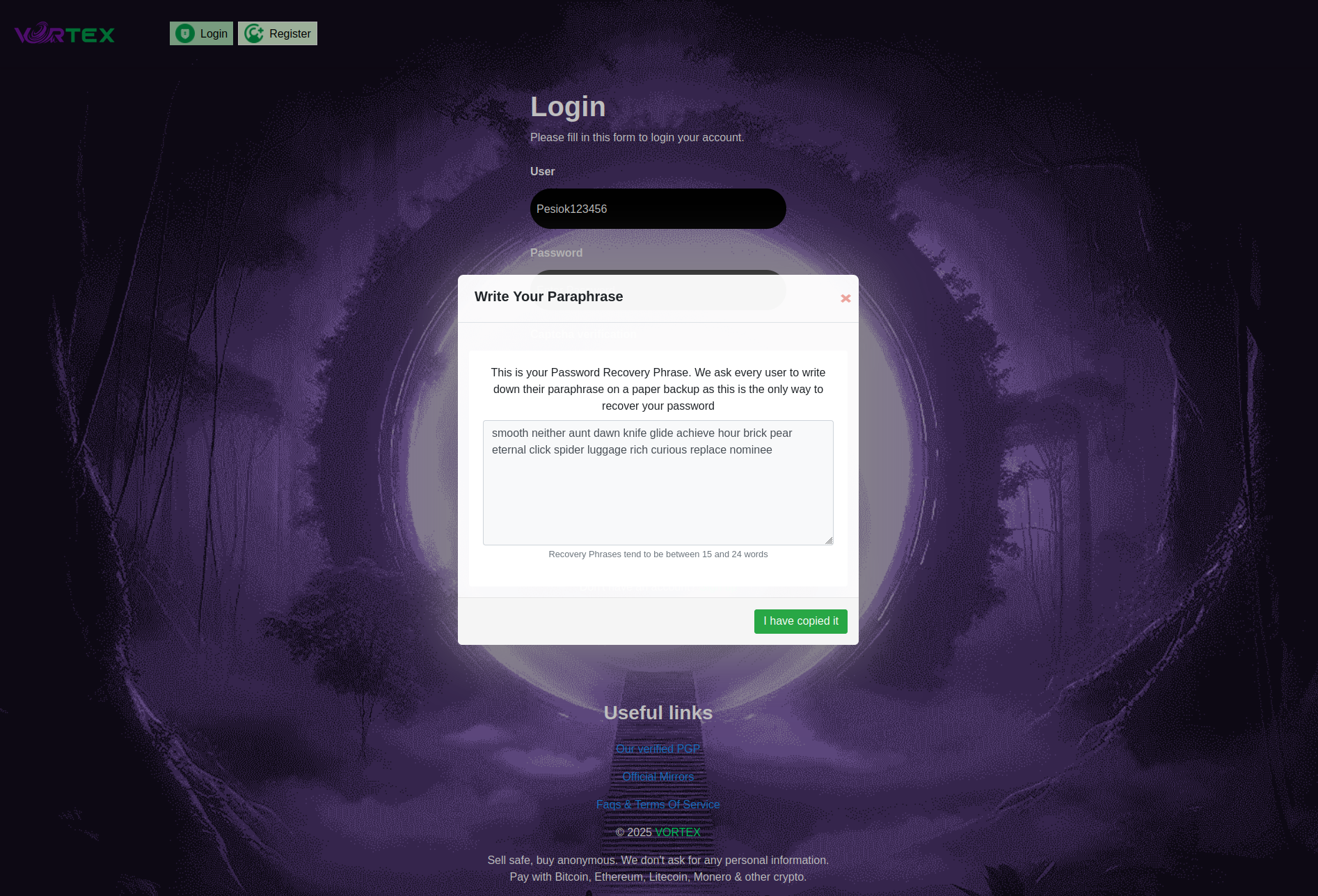 Vortex Market recovery phrase backup seed security 2026